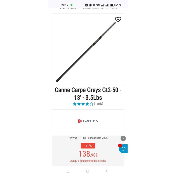 Canne carpe greys gt2 13 pieds 3.5lb