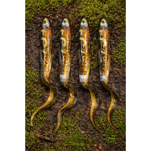 Lot Fox Rage Slick Eel x4 – 28 cm – Coloris noir pailleté – Brochet / carnassiers