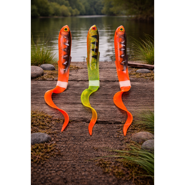 Lot Fox Rage Slick Eel x3 – 28 cm – Fire Tiger + UV Perch – Gros brochet