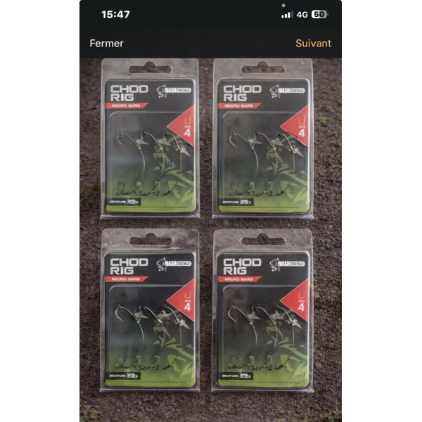 Lot 4 Blisters Nash Chod Rig Micro Barb Size 4 – Montages prêts à pêcher carpe