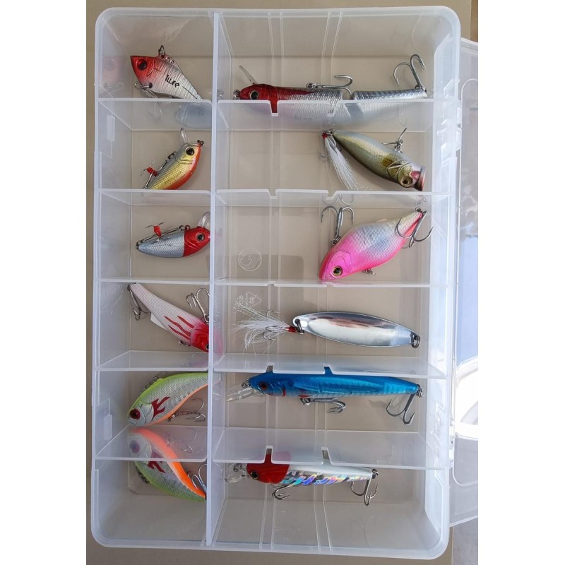 Sac Caperlan + Lot de 8 boites de leurres (souples, minnow, cuiller, etc.)