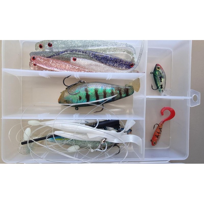 Sac Caperlan + Lot de 8 boites de leurres (souples, minnow, cuiller, etc.)