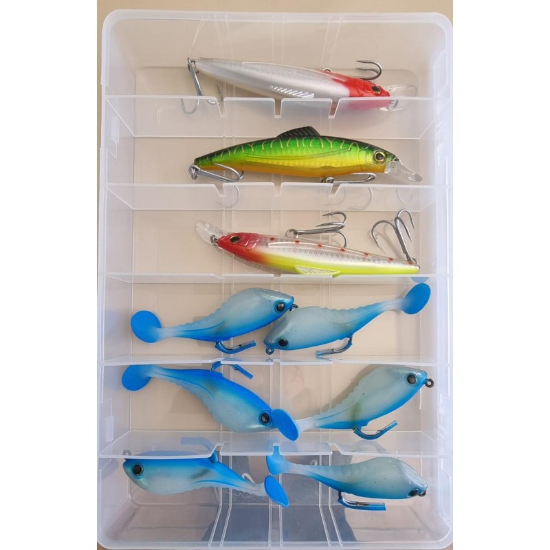Sac Caperlan + Lot de 8 boites de leurres (souples, minnow, cuiller, etc.)