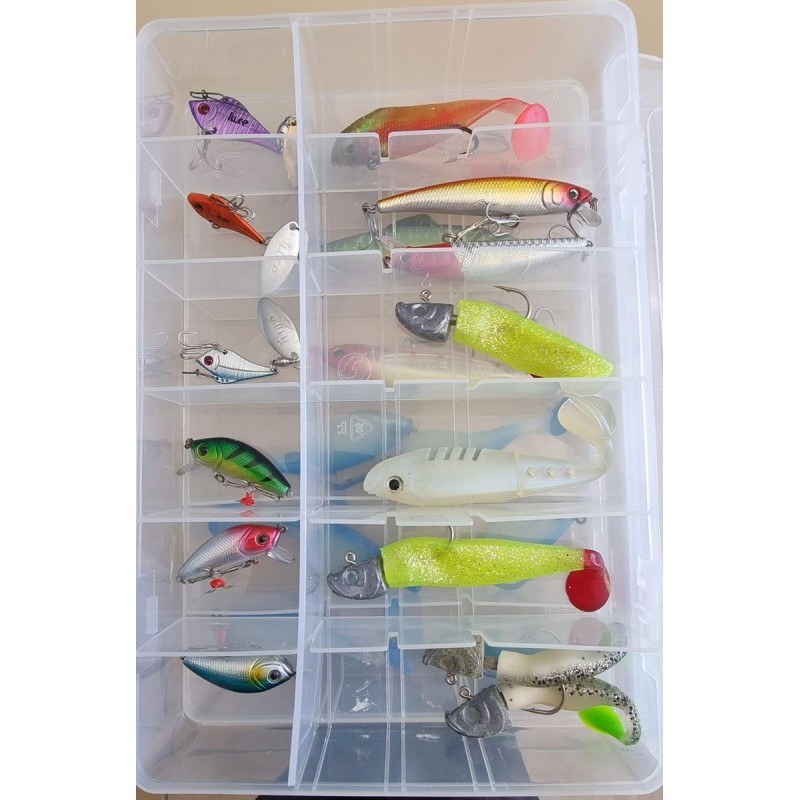 Sac Caperlan + Lot de 8 boites de leurres (souples, minnow, cuiller, etc.)